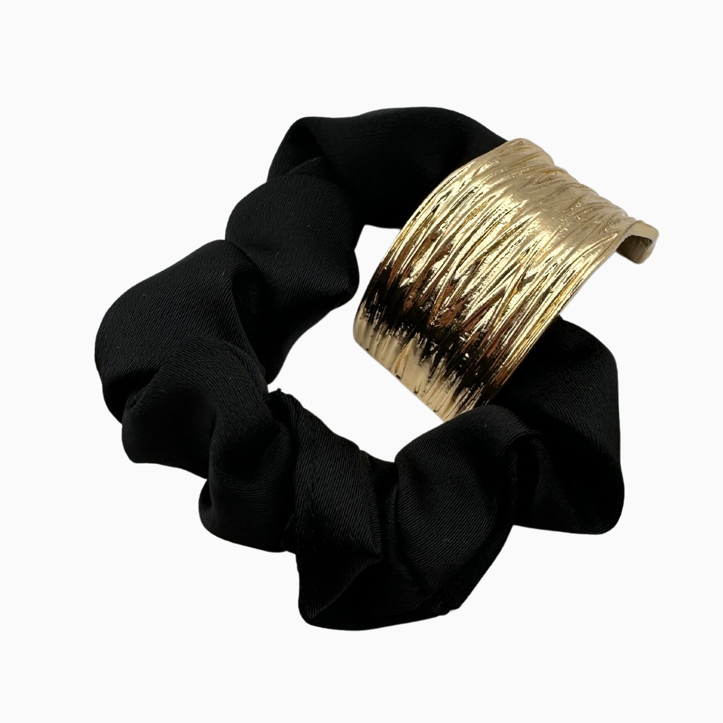 Vivieenne - Luxury Black Satin Scrunchie with Gold Accent – Premium Hair Accessory