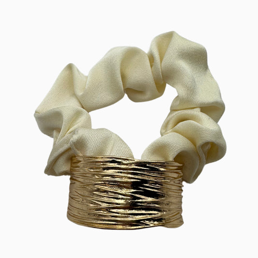 Vivienne Luna - Ivory Satin Scrunchie with Gold Detail – Elegant Hair Accessory for Women