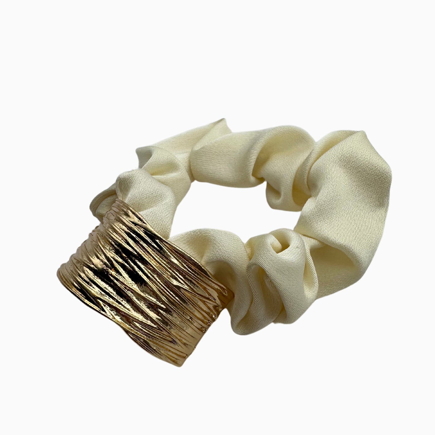 Vivienne Luna - Ivory Satin Scrunchie with Gold Detail – Elegant Hair Accessory for Women