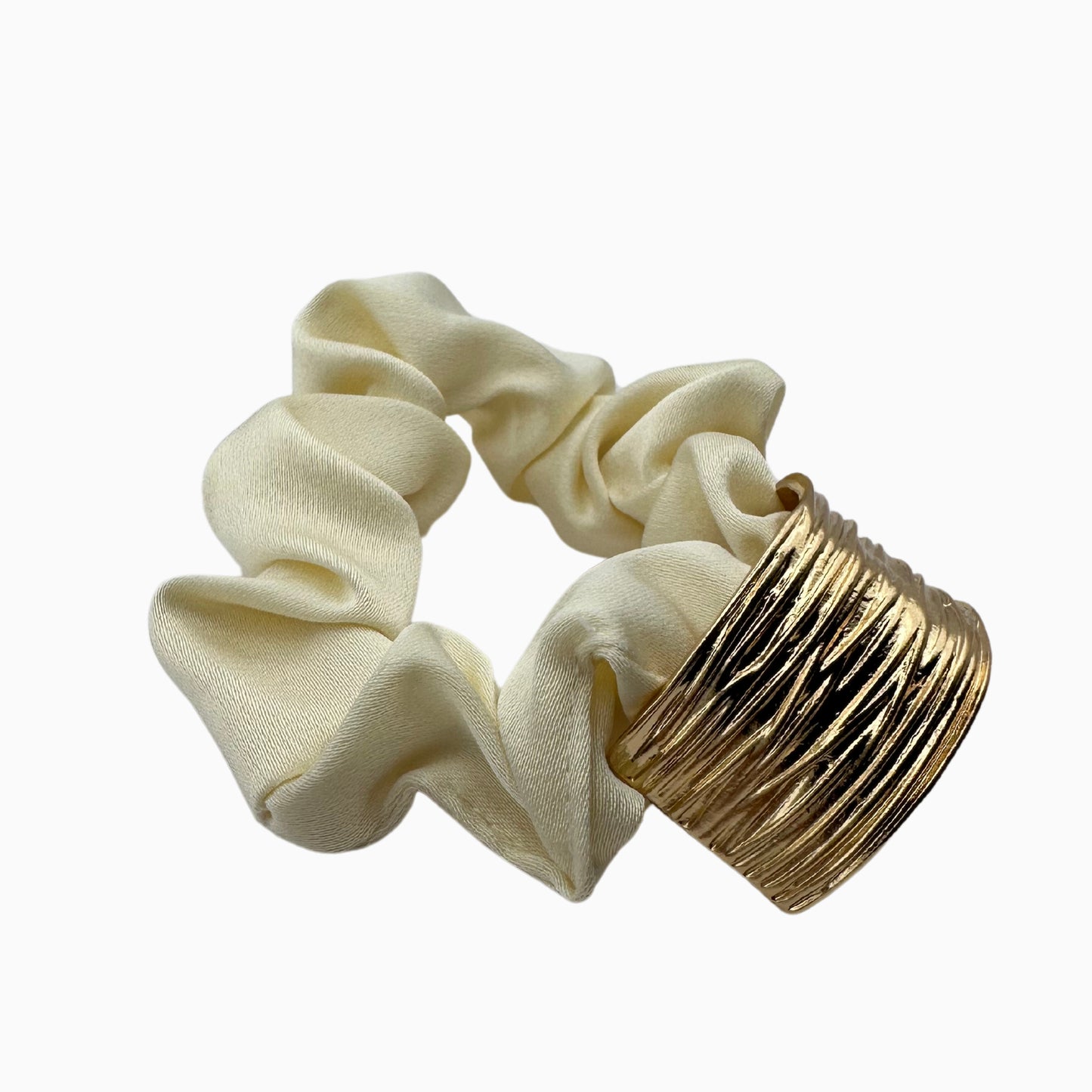 Vivienne Luna - Ivory Satin Scrunchie with Gold Detail – Elegant Hair Accessory for Women