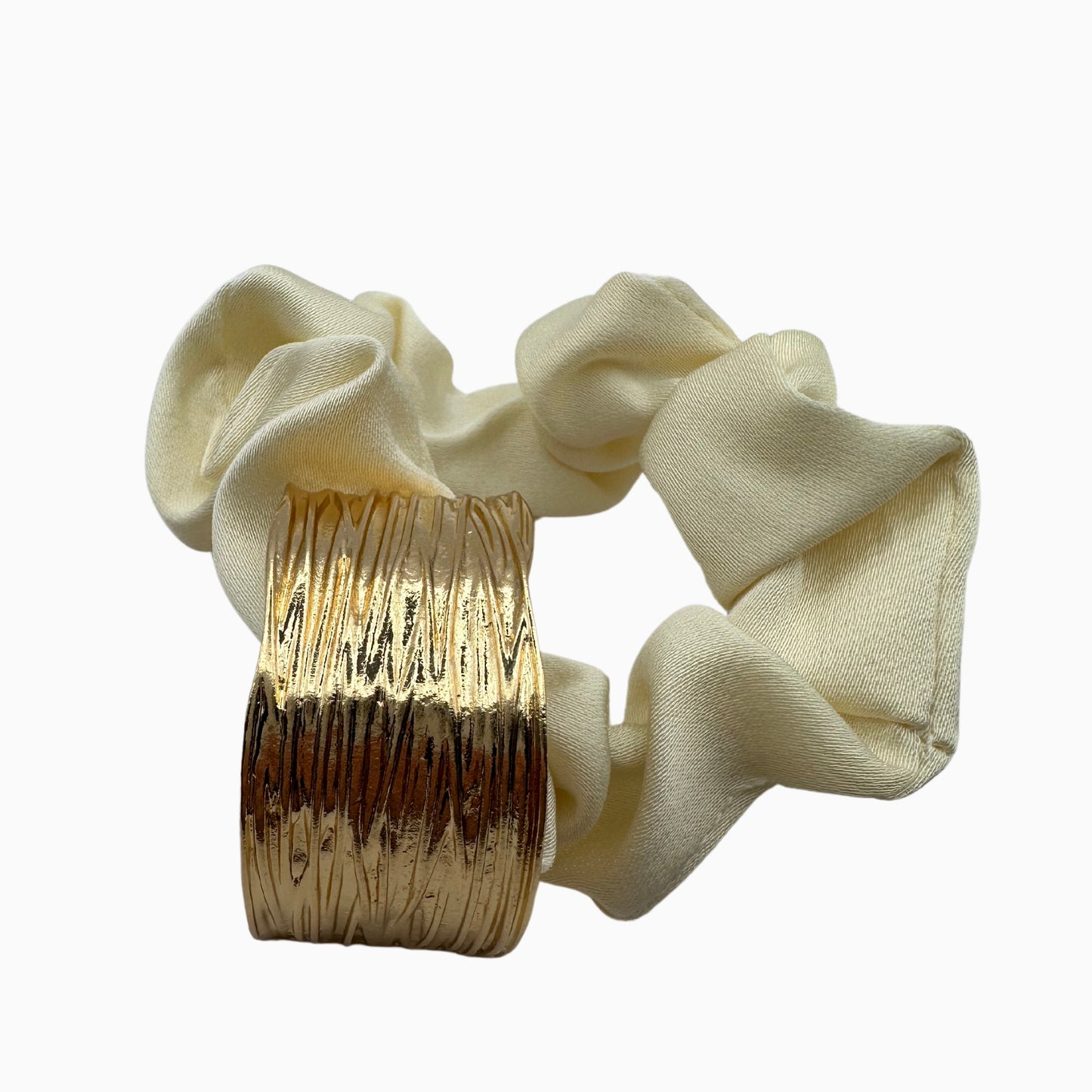 Vivienne Luna - Ivory Satin Scrunchie with Gold Detail – Elegant Hair Accessory for Women