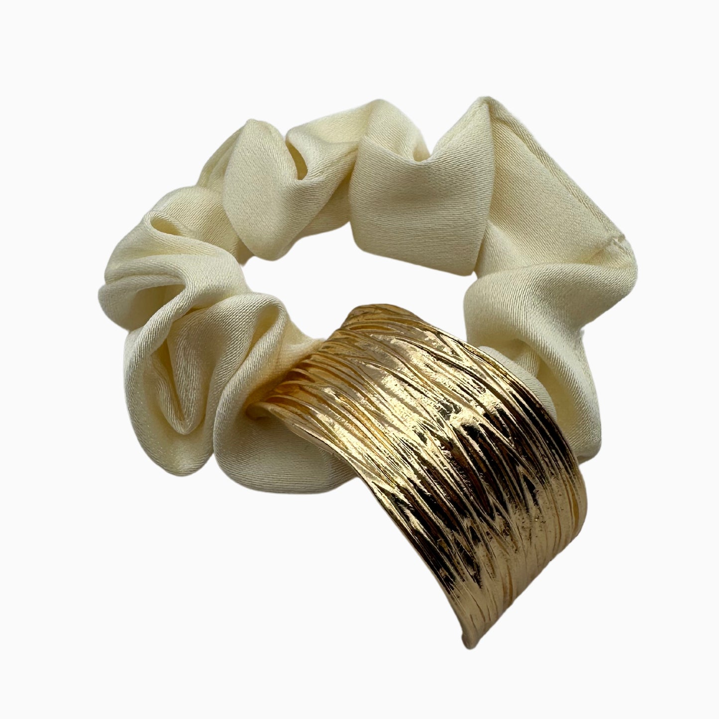 Vivienne Luna - Ivory Satin Scrunchie with Gold Detail – Elegant Hair Accessory for Women