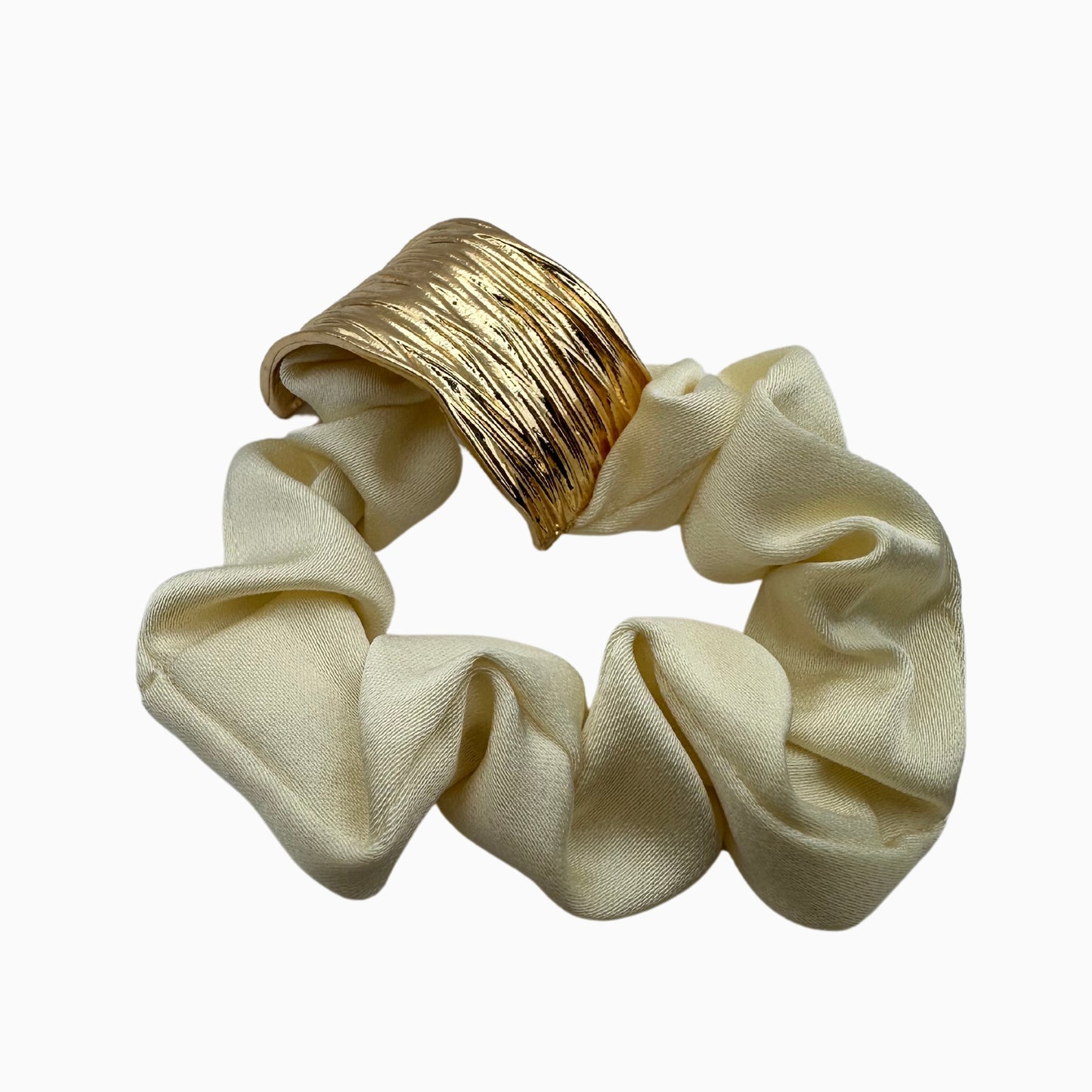 Vivienne Luna - Ivory Satin Scrunchie with Gold Detail – Elegant Hair Accessory for Women