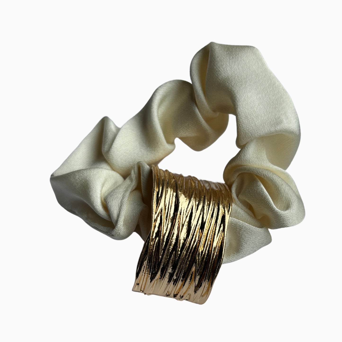 Vivienne Luna - Ivory Satin Scrunchie with Gold Detail – Elegant Hair Accessory for Women