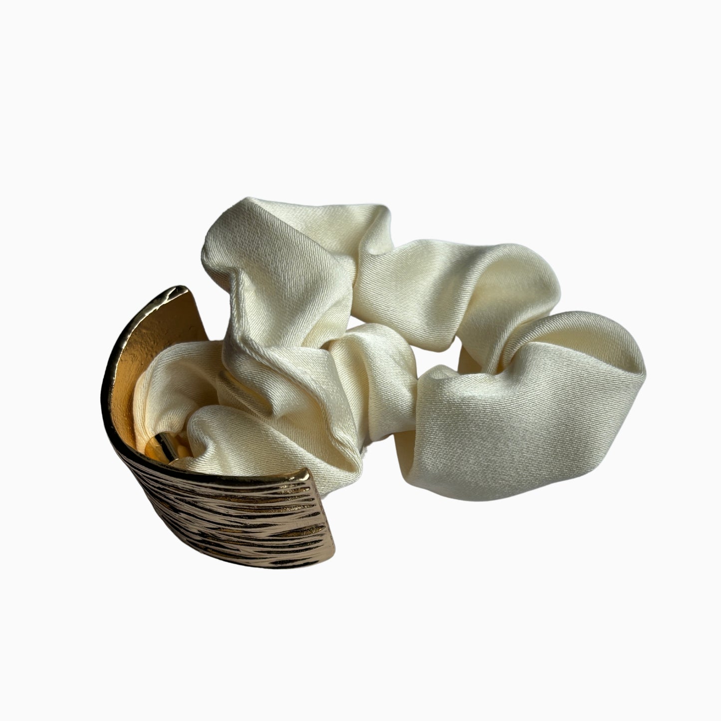 Vivienne Luna - Ivory Satin Scrunchie with Gold Detail – Elegant Hair Accessory for Women