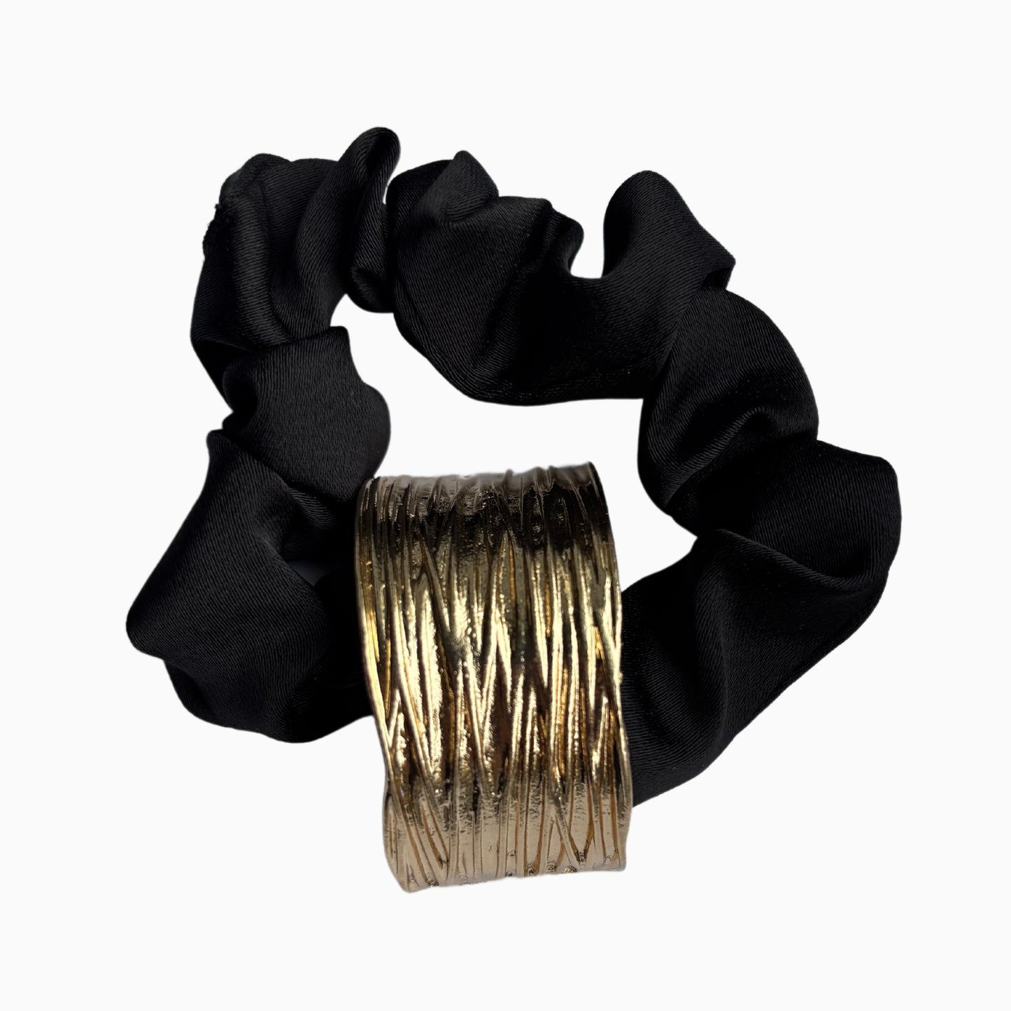 Vivieenne - Luxury Black Satin Scrunchie with Gold Accent – Premium Hair Accessory