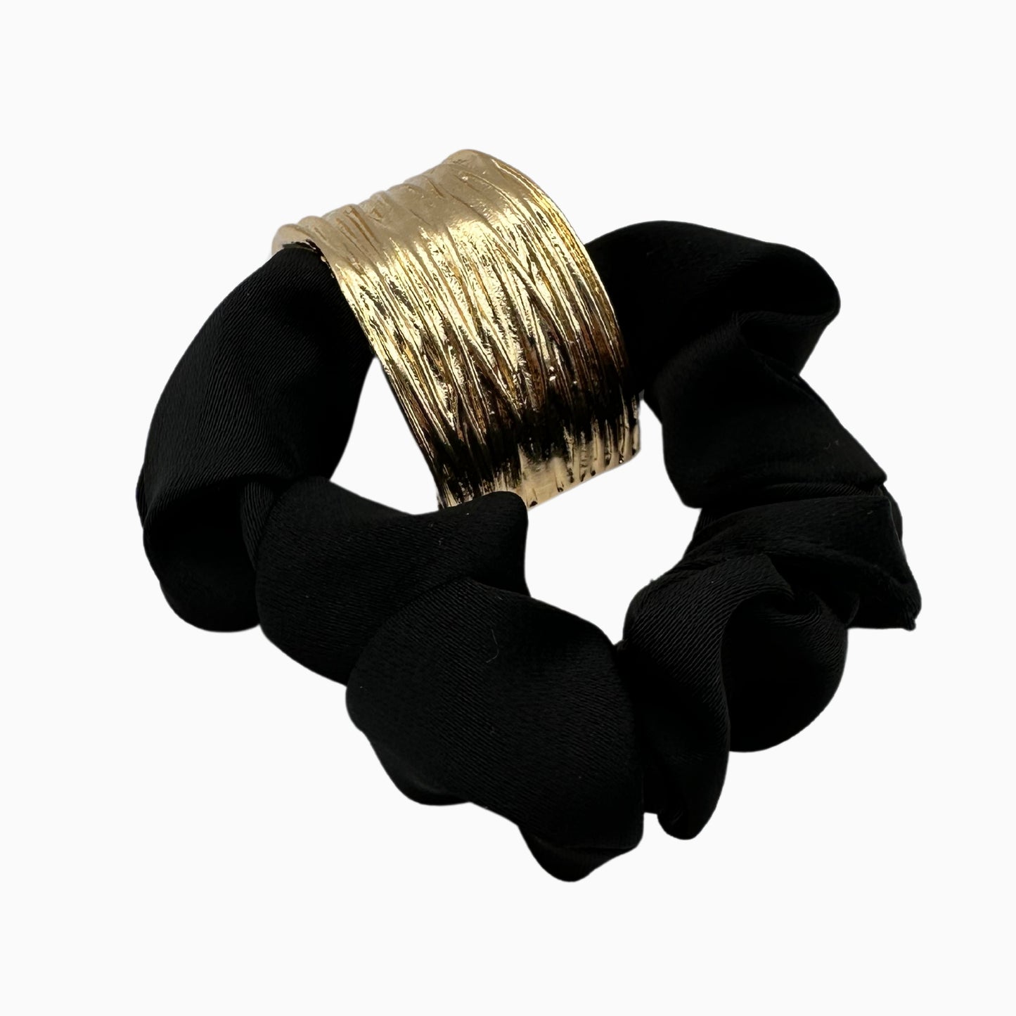 Vivieenne - Luxury Black Satin Scrunchie with Gold Accent – Premium Hair Accessory