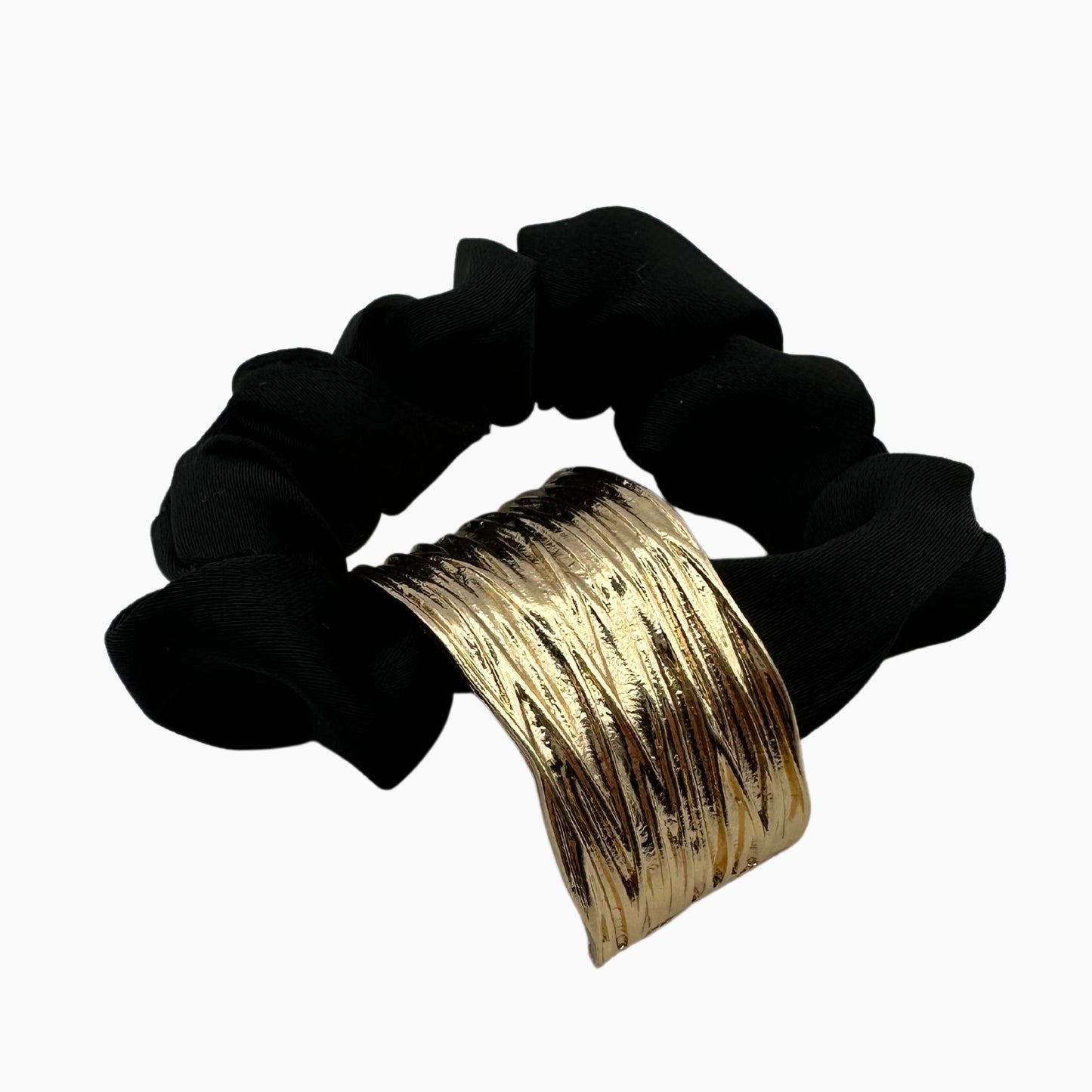 Vivieenne - Luxury Black Satin Scrunchie with Gold Accent – Premium Hair Accessory