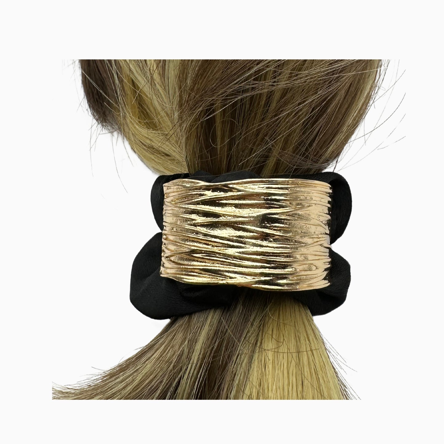 Vivieenne - Luxury Black Satin Scrunchie with Gold Accent – Premium Hair Accessory