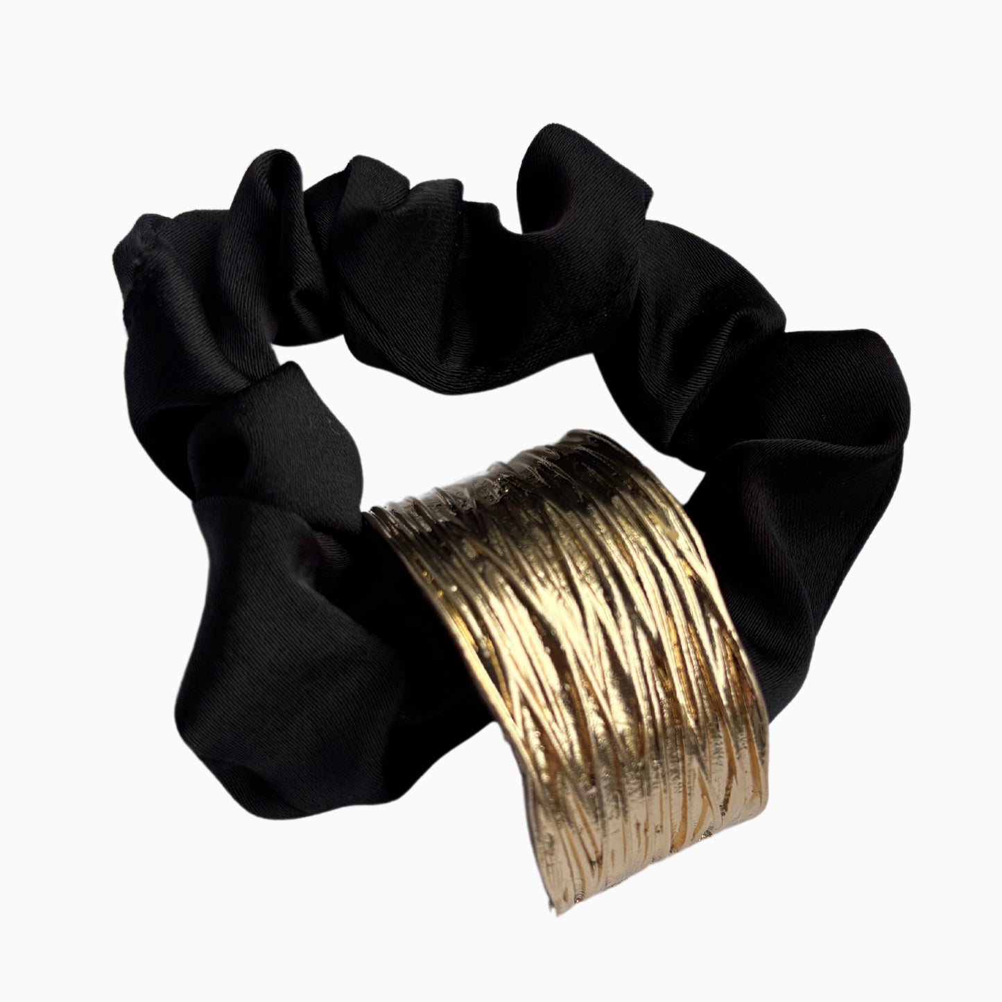 Vivieenne - Luxury Black Satin Scrunchie with Gold Accent – Premium Hair Accessory